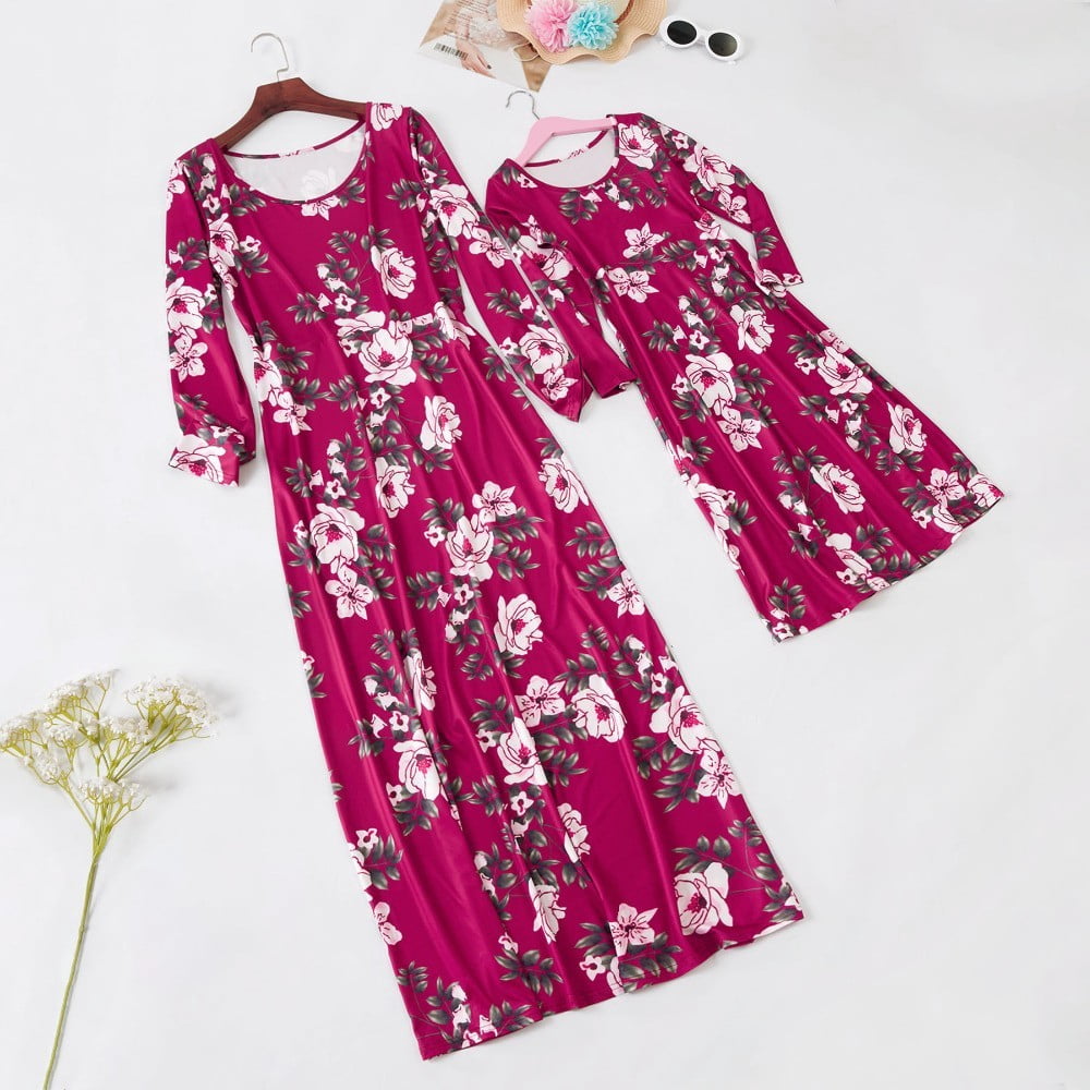 Mama And Daughter Dresses Wine Floral Mom And Kids Long Dress Family Matching Clothes Mommy Me Outfits Baby Girls Vestidos
