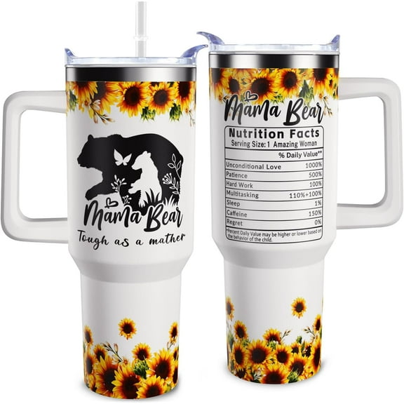 Mama Bear 40oz Insulated Tumbler With Handle, Lid, and Straw - Best Mom Gifts for Birthday, Christmas, Thanksgiving, Mothers Day - Travel Mug Coffee Cup