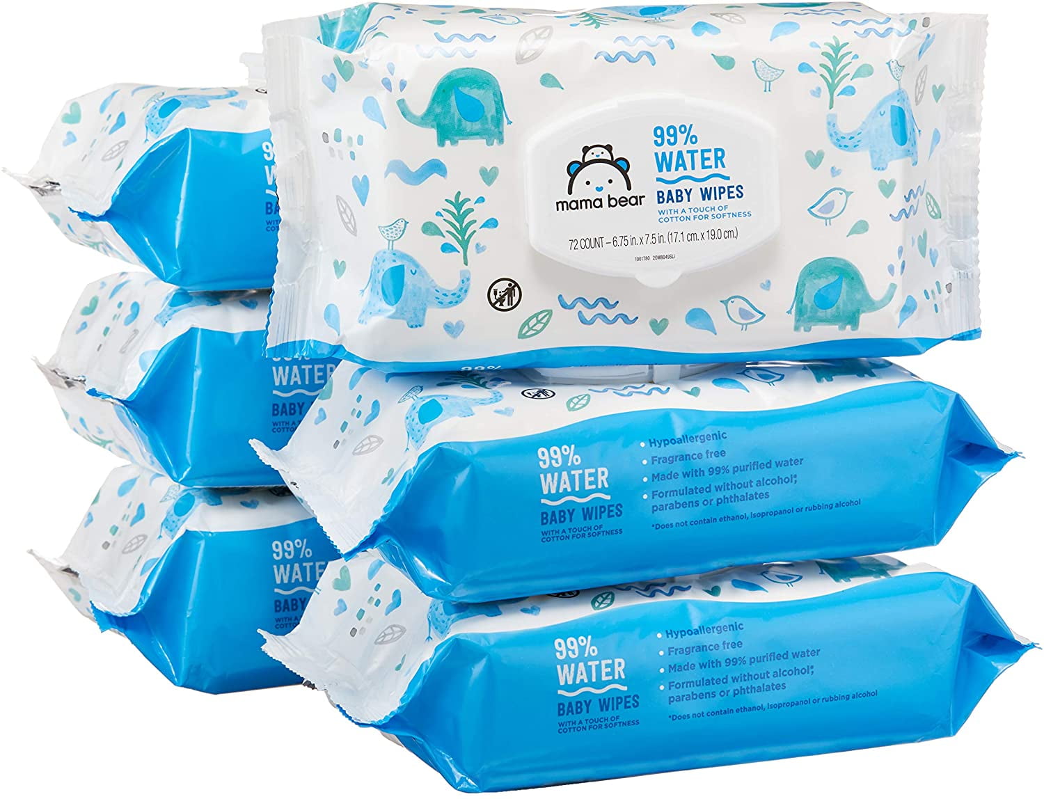 Marca  – Mama Bear - Toallitas húmedas para bebés 99% de agua,  hipoalergénicas, sin fragancia, 432 unidades (6 paquetes de 72)