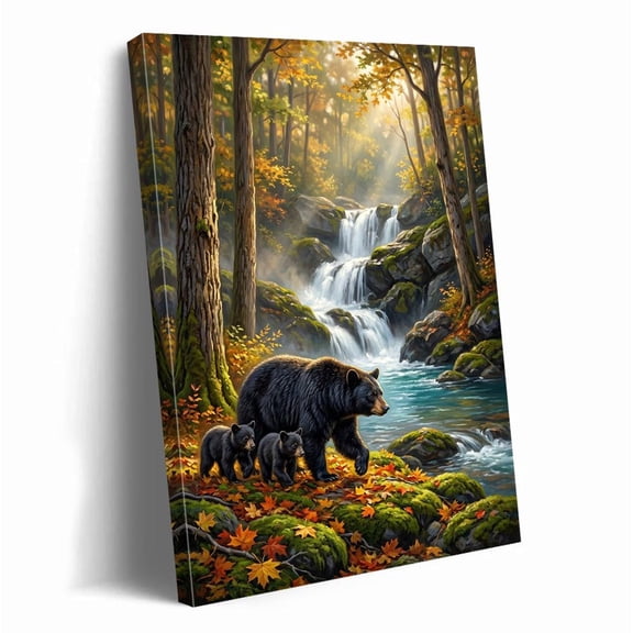 Mama Bear And Cubs Waterfall Forest Autumn Landscape Arts Rustic Cabin Wildlife Wall Art Nature Decor For Living Room, Unframed Paper Print