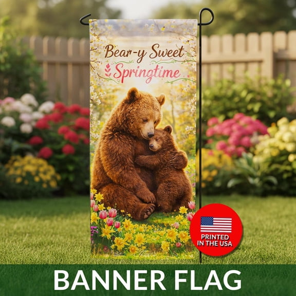 Mama Bear Cub Springtime Garden Banner Wildlife Tulips Daffodils Flag