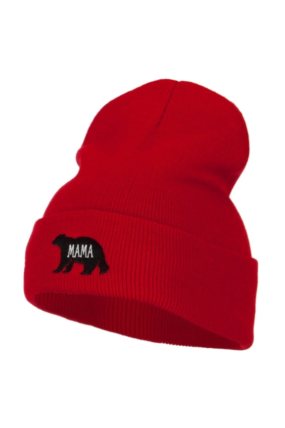 Mama Bear Embroidered Long Beanie - Red OSFM