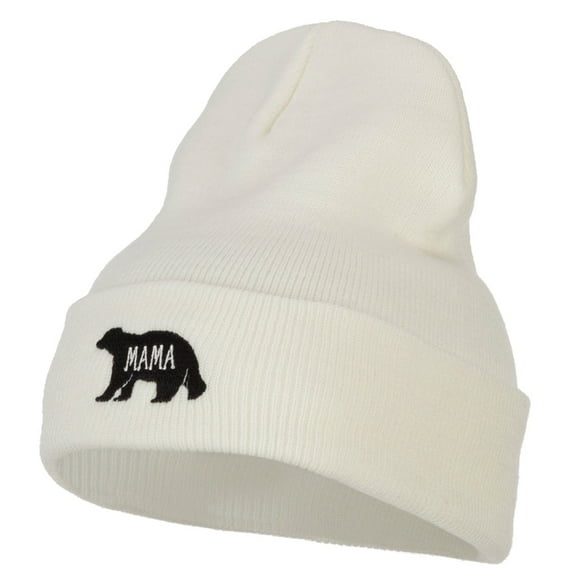 Mama Bear Embroidered Long Beanie - White OSFM