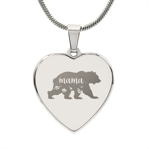 Mama Bear Engraved Heart Necklace Stainless Steel or 18k Yellow Gold Finish 18-22" Chain