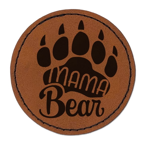 Mama Bear Mother's Day Paw Family Round Iron-On Engraved Faux Leather Patch Applique - 2.5 Inch - Brown