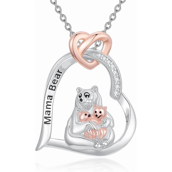 Mama Bear Necklace for Women, 925 Sterling Silver Heart Momma Bear Pendant Necklace with 2 Cubs, Birthday Christmas Mother's  Mama Bears Jewelry Gift