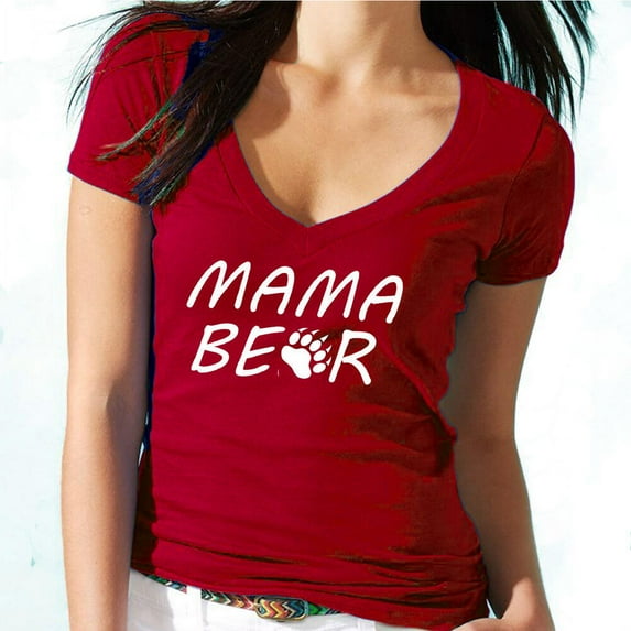 Mama Bear Printed Women's V-neck T-shirt Mother's Day Red Tee Large