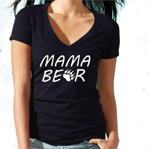 Mama Bear Printed Women's V-neck Tshirt Mother's Day Black Tee Small