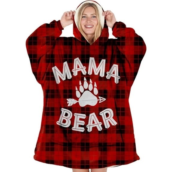 Mama Bear Wearable Blanket Hoodie, Buffalo Plaid Mama Bear Hooded Blanket for Mom, Christmas Gifts for Mom, Wife From Daughter, Son, Husband, Happy Birthday Mom Gift, Birthday Gift for Wife