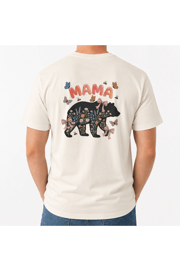 Mama Bear Wildflower Graphic T-Shirt, Floral Motherhood Tee for Moms, Nature Lovers and Family Celebrations, Size S