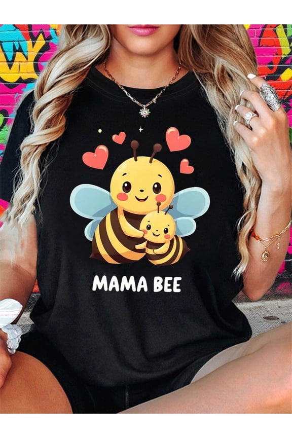 Mama Bee Women's T-Shirt Cute Graphic Tee Funny Mother's Day Gift Retro Bumblebee Short Sleeve Casual Fashion Apparel Black