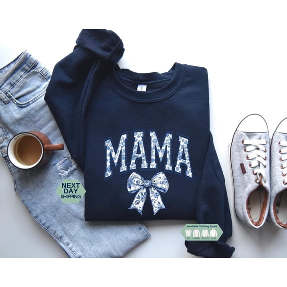 Mama Blue Ribbon Sweatshirt, Mothers Day Hoodie, Aesthetic Mom, Cute Mom Sweatshirt, Toile Bow Shirt, Her Tshirt All Size S-5XL