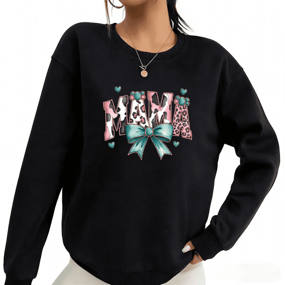 Mama Bow Leopard Print Sweatshirt Graphic Sweatshirt Black Casual Mom Style S-3XL Womens Tops