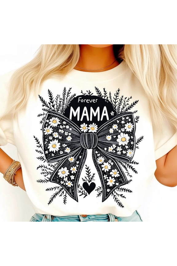 Mama Bow Shirt, Vintage Floral Mom Tee, Black and White Daisy T-Shirt, Feminine Retro Mama Shirt, Boho Chic Mother’s Day Gift Tee