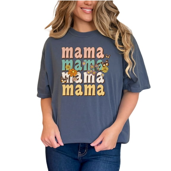 Mama, Butterflies & Flowers, Retro Mother's Day Art, Denim Comfort Colors T-Shirt, Medium