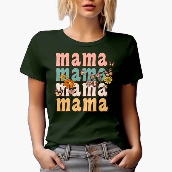 Mama, Butterflies & Flowers, Retro Mother's Day Art Merch Gift, Military Green T-Shirt, Large