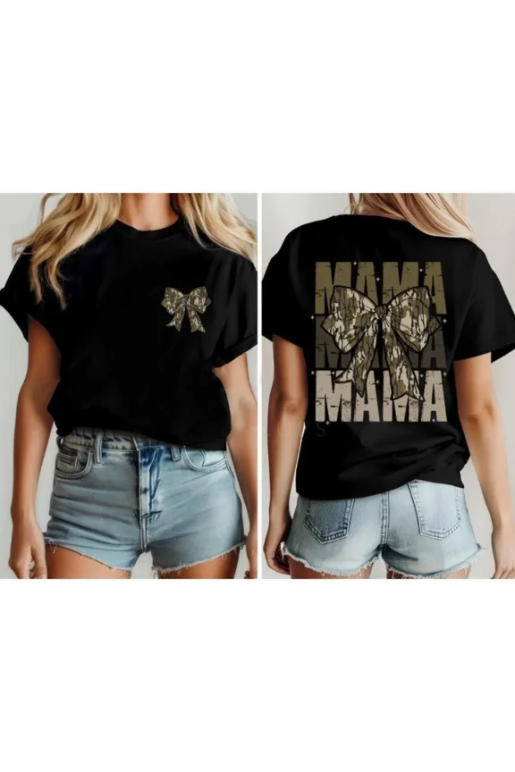 Mama Camo Coquette Bow Shirt, Old School Camo Shirt, Girls Camo Bow Tee BLACK S-5XL