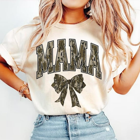 Mama Camo Coquette Bow Shirt, Old School Camo T-Shirt, Girls Camo Bow Tee, Hunting Inspired Graphic Shirt, Trendy Outdoor Mom Apparel