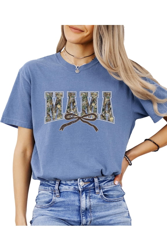 Mama Camo Varsity Letter T-Shirt for Women - Coquette Bow Graphic Tee - Trendy Mom Shirt Blue Jean Shirt Adult Large