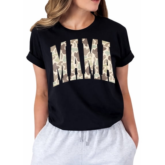 Mama Camouflage Mommy Funny Mom Life Graphic T-Shirt for Women, Casual Short Sleeve Crew Neck Tee
