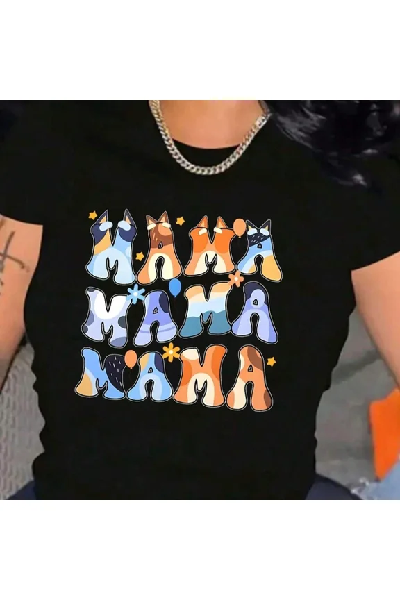 Mama Cat Pattern T-Shirt, Round Neck Short Sleeve Soft Top