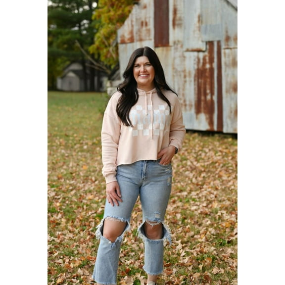 Mama Checkered Blush Crop Hoodie