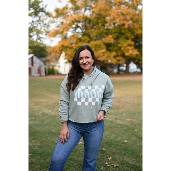 Mama Checkered Sage Crop Hoodie