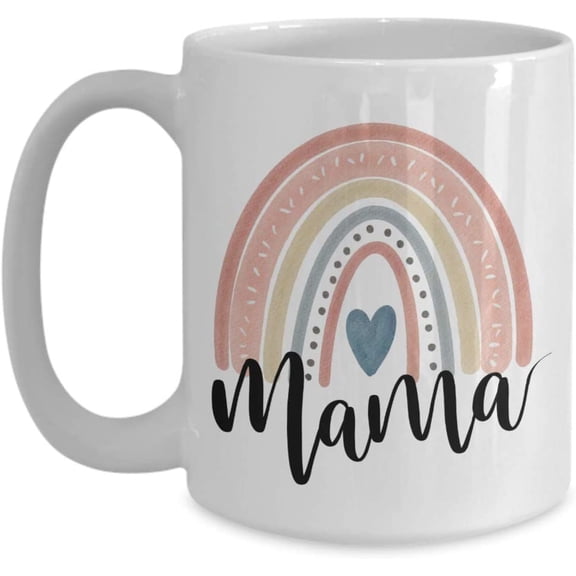 Mama Coffee Mug Boho Scandinavian Pastel Watercolor Rainbow Mothers Day Idea for New Mom Cute 11 oz. White Ceramic Tea Cup for Wife from Childre