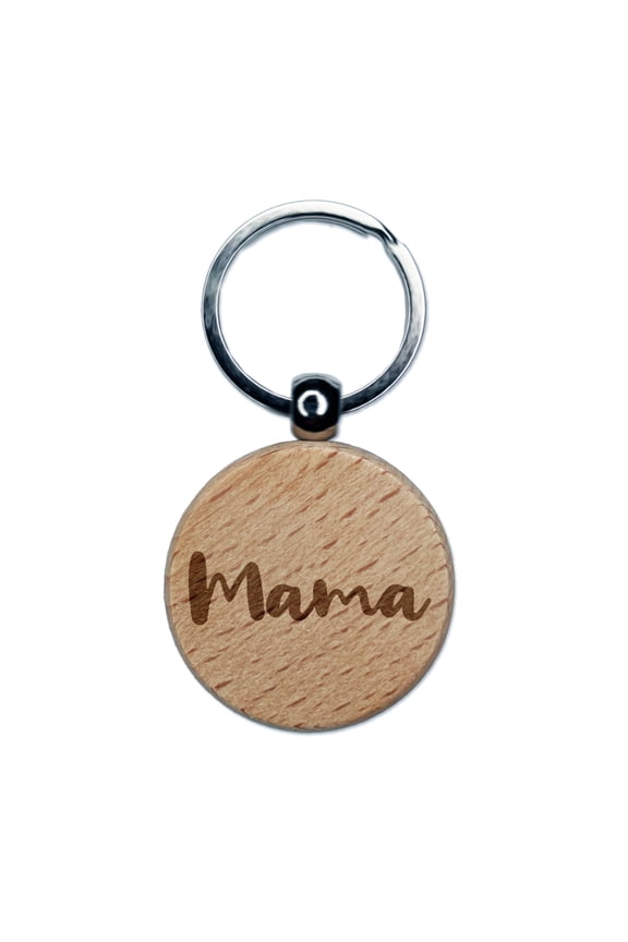 Mama Cursive Text Mom Mother Round Keychain Charm Tag - Engraved Wood