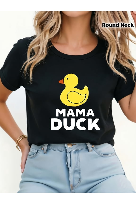 Mama Duck Cute Yellow Rubber Duck Women's Graphic T-Shirt Funny Motherhood Casual Short Sleeve Round Neck Summer Fashion Tee Top Black