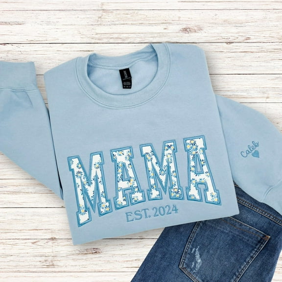 Mama Embroidered Applique Sweatshirt, Floral Applique Sweatshirt, Personal Mom Crewneck Names On Sleeve, Sweater Embroidered
