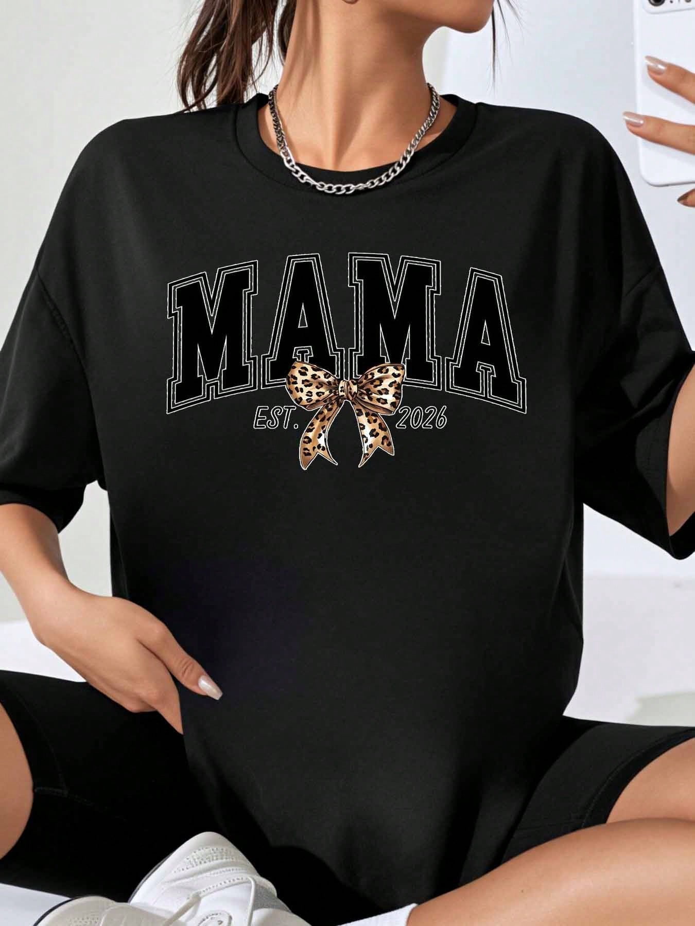 Mama Est 2026 Leopard Print Bow Oversized Graphic T-Shirt for Women ...
