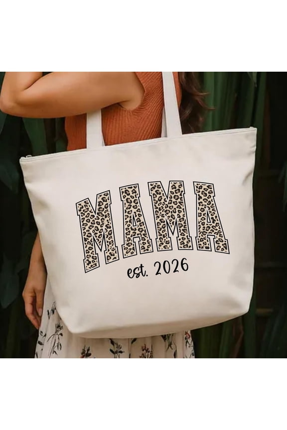 Mama Est 2026 Zippered Tote Bag, Leopard Mama Tote With Zipper, Mothers Day Gift For New M