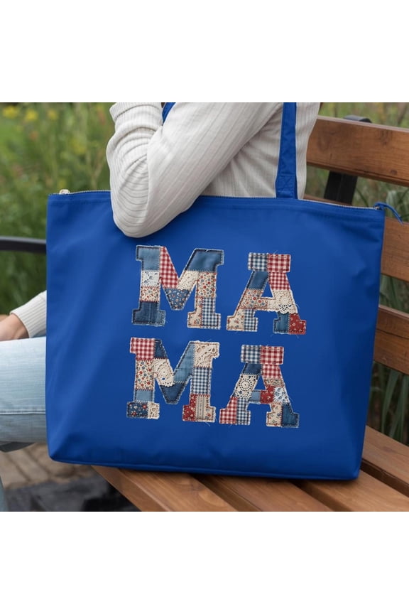 Mama Faux Patchwork Zippered Tote Bag, Faux Quilt Mama Tote, Style Mom Bag, Mothers Day Gi