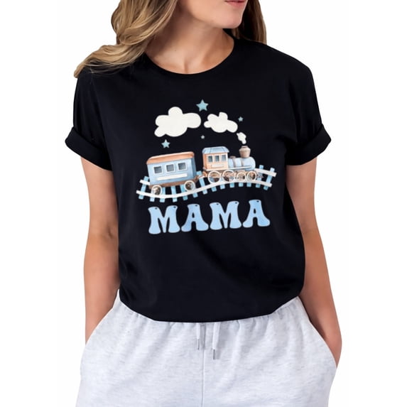 Mama First Birthday Train Railroad Family Matching Graphic T-Shirt for Women, Casual Short Sleeve Crew Neck Tee