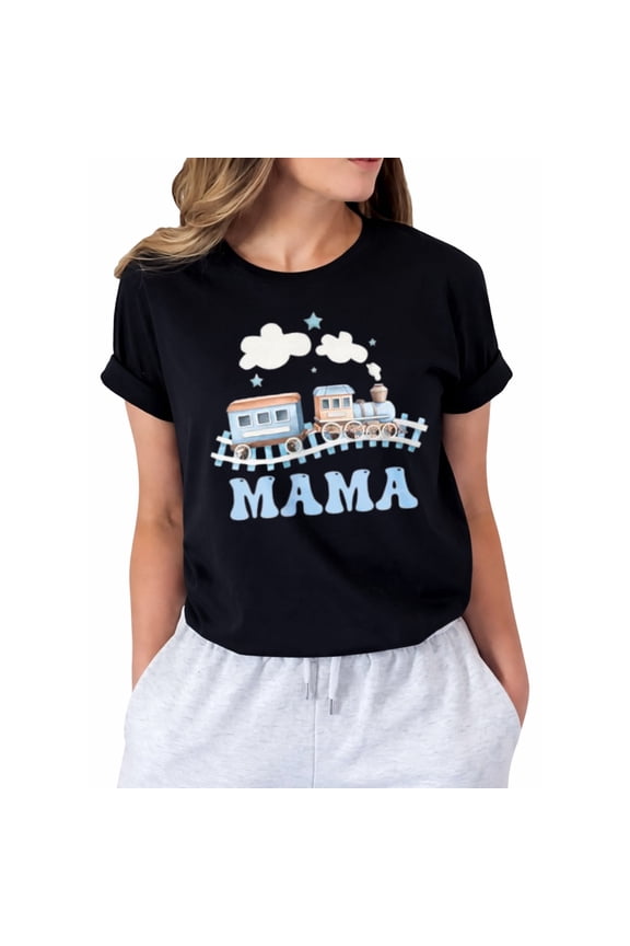 Mama First Birthday Train Railroad Family Matching Graphic T-Shirt for Women, Casual Short Sleeve Crew Neck Tee