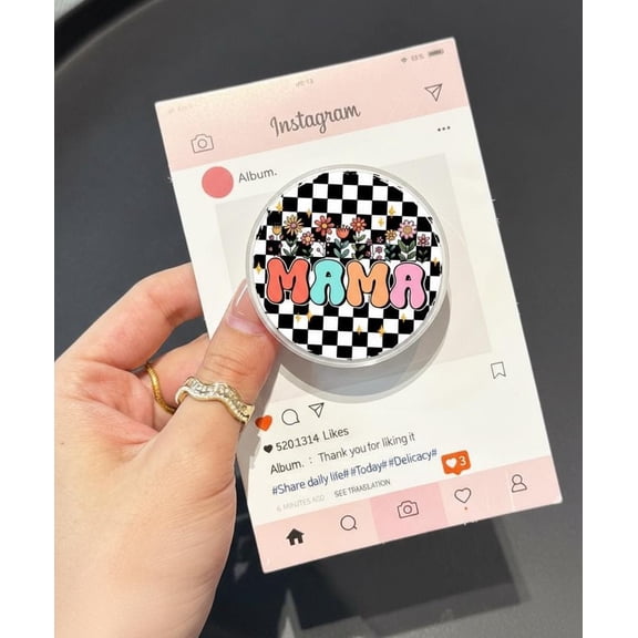 Mama Floral Checkered Phone, Groovy Retro Flower Phone, Mothers Day Phone Grip, Mom Gift Phone Holder, E-Reader Accessory
