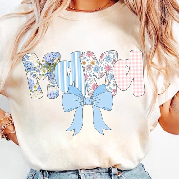 Mama Floral Coquette Bow Glitter, Blue Floral, Stripes, Mama Flower, Preppy Mama, Mama Heart, Mothers Day, Hand Lettered TSHIRT All Size S-5XL