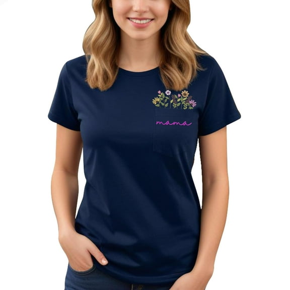 Mama Floral Embroidered Pocket T-Shirt, Embroidered Mama Floral Shirt for Women, Gift for Mom Mama Mother's Day Christmas