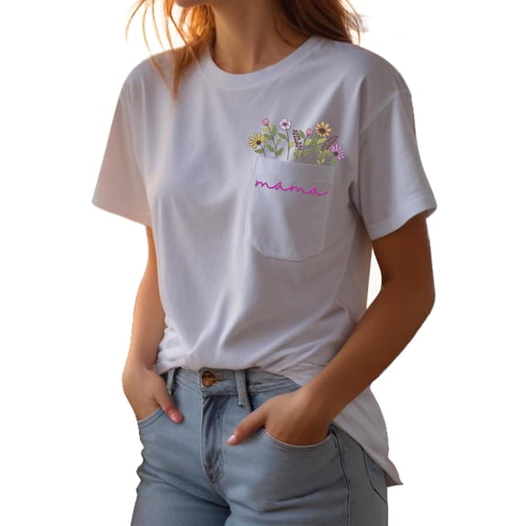 Mama Floral Embroidered Pocket T-Shirt, Embroidered Mama Floral Shirt for Women, Gift for Mom Mama Mother's Day Christmas