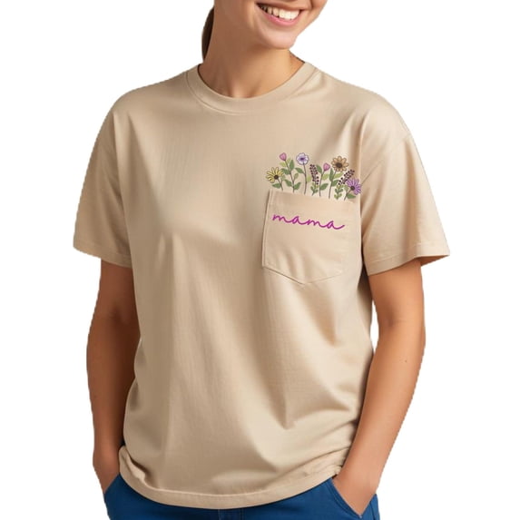 Mama Floral Embroidered Pocket T-Shirt, Embroidered Mama Floral Shirt for Women, Gift for Mom Mama Mother's Day Christmas