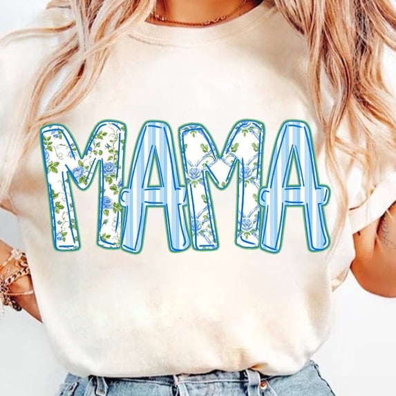 Mama Floral T-Shirt, Blue Striped Retro Mama Shirt, Preppy Hand Lettered Mama Tee, Mother's Day Flower T-Shirt for Women