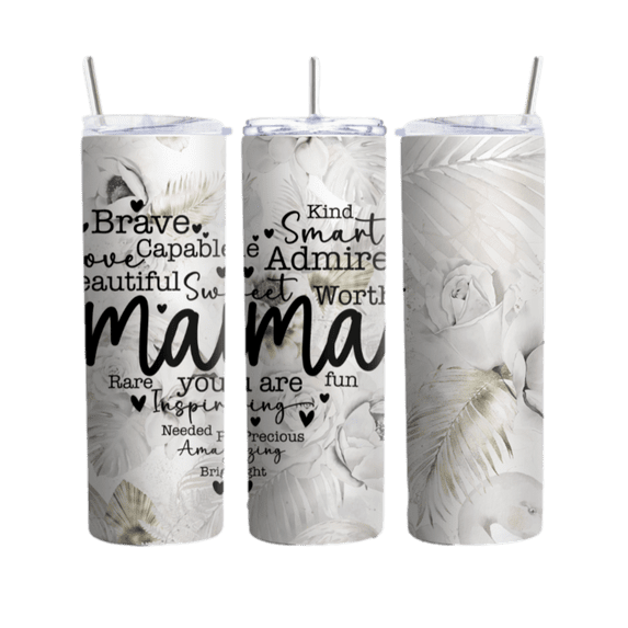 Mama Floral White Tumbler, Stainless Steel 20oz Insulated Cup, Mother's Day Gift, Birthday Gift for Mom, Mom Appreciation