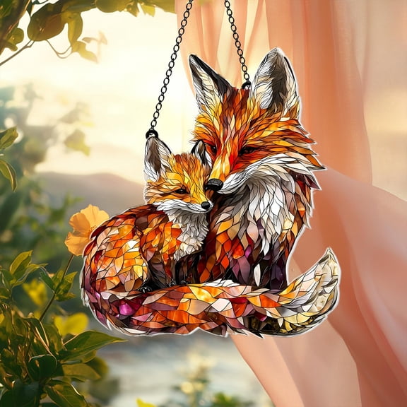 Mama Fox with Baby Fox Acrylic Suncatcher, Mother Day Gift, Fox Home Decor, Window Hanging, Fox Lover Art and Wall Decoration