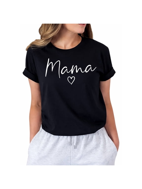 Mama Heart Graphic T-Shirt for Women, Casual Short Sleeve Crew Neck Tee