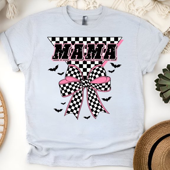 Mama Graphic T-Shirt | Checkered Bow Print Tee for Women, Ash, Size M