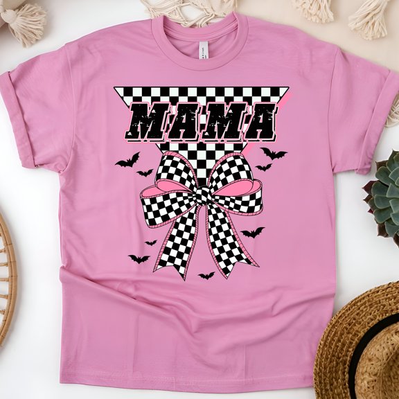 Mama Graphic T-Shirt | Checkered Bow Print Tee for Women, Azalea, Size L