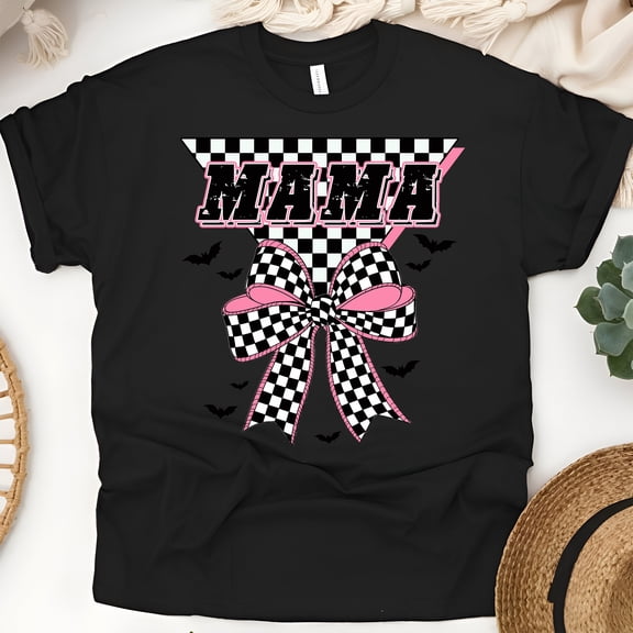 Mama Graphic T-Shirt | Checkered Bow Print Tee for Women, Black, Size M