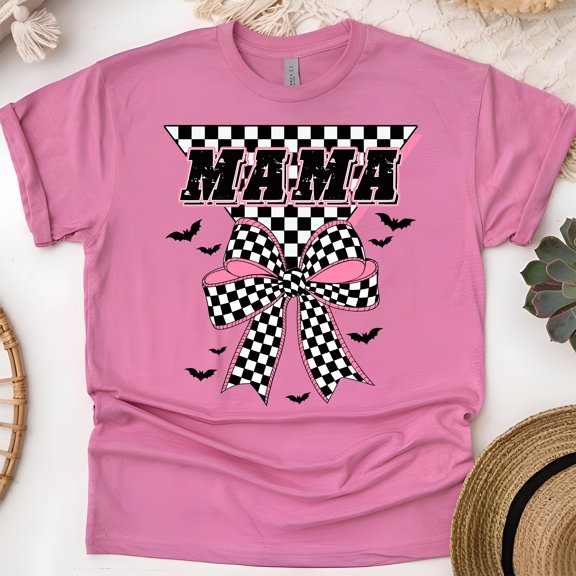 Mama Graphic T-Shirt | Checkered Bow Print Tee for Women, Heliconia, Size XL