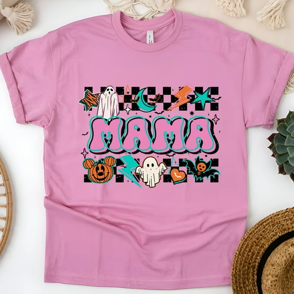 Mama Graphic T-Shirt | Cute Spooky Checkered Print Tee for Women, Azalea, Size S